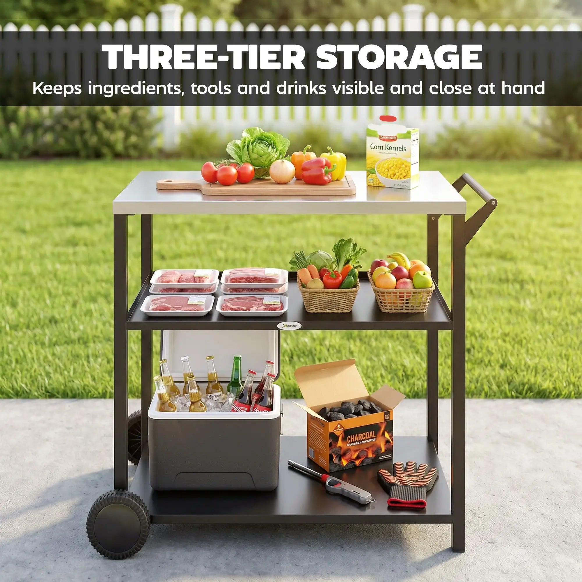 Outdoor Grill Cart, Stainless Steel Top, Three-Tier Pizza Oven Stand, Black Outdoor Grill Carts at Gallery Canada