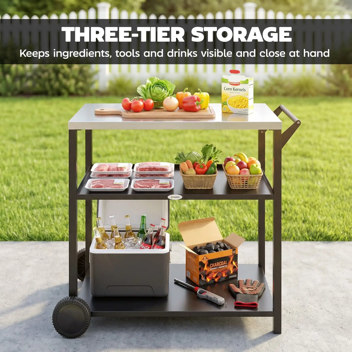 Outdoor Grill Cart, Stainless Steel Top, Three-Tier Pizza Oven Stand, Black Outdoor Grill Carts at Gallery Canada