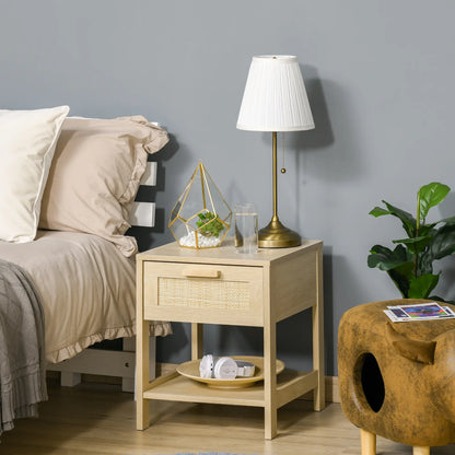 Narrow Nightstand with Rattan, Drawer, Storage Shelf, Natural Bedside Tables at Gallery Canada