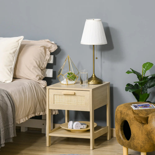Narrow Nightstand with Rattan, Drawer, Storage Shelf, Natural