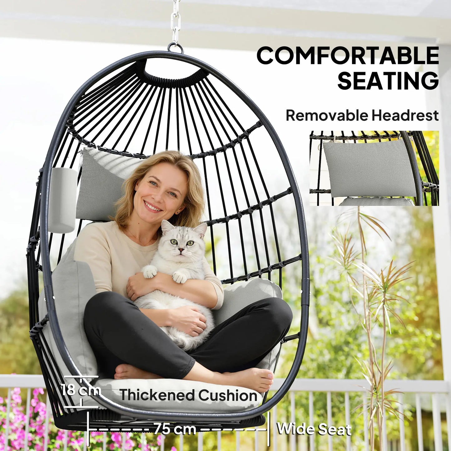 Foldable Hanging Egg Chair, With Head Pillow And Cup Holder, Dark Grey Hanging Porch Swings at Gallery Canada