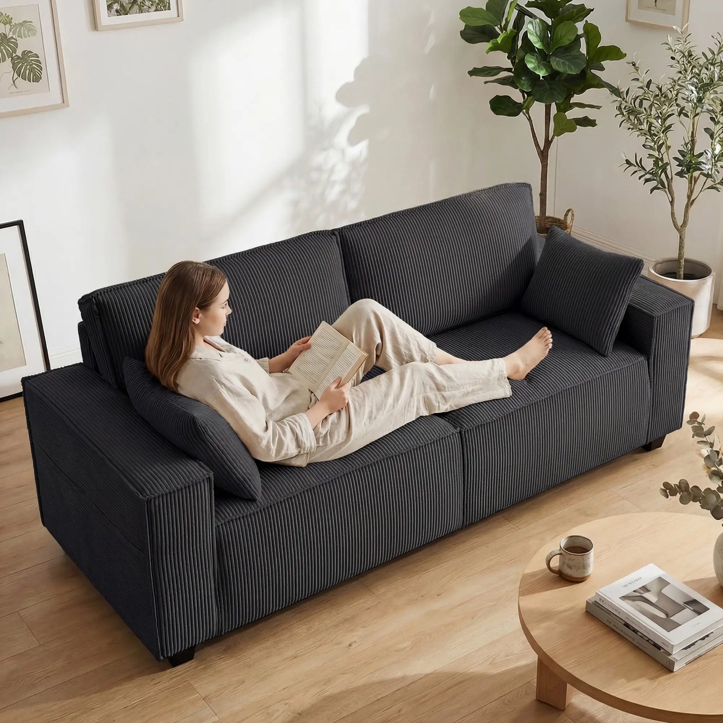 86" 3 Seater Sofa, Modern Corduroy Couch, Dark Grey 3-Seater Sofas at Gallery Canada