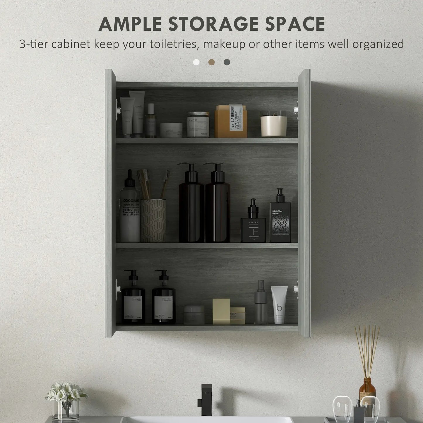 Wall Mount Mirrored Medicine Cabinet, Adjustable Shelf, Double Soft Closing Doors, Grey Mirror Medicine Cabinets at Gallery Canada