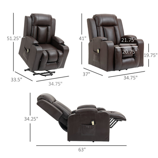 Electric Power Lift Chair, PU Leather Recliner Sofa with Footrest, Remote Control and Cup Holders, Brown - Gallery Canada