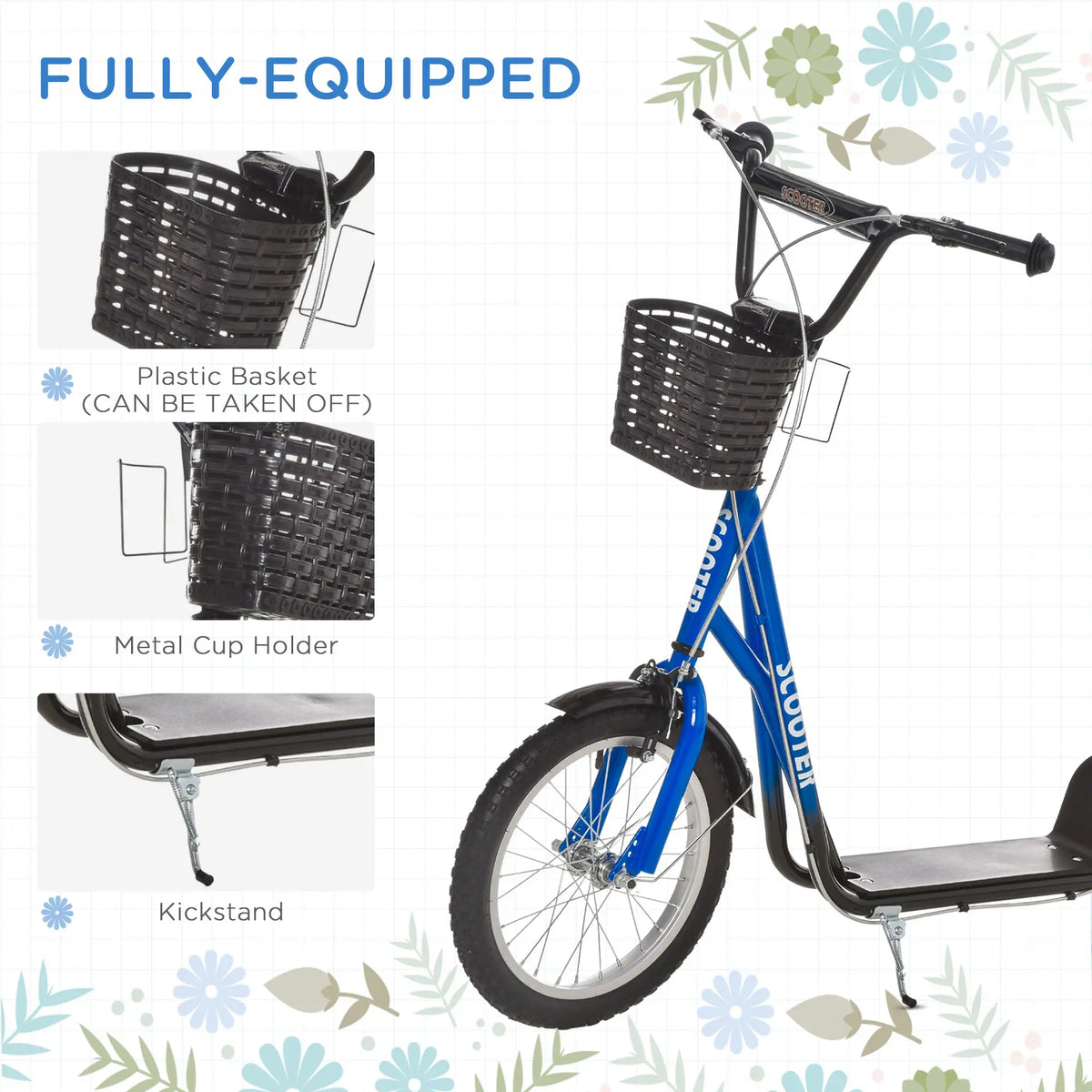 Kids Kick Scooter, Adjustable Handlebar, 2 Brakes, Basket, Cupholder, 16" Inflatable Tyres, Blue Scooters at Gallery Canada