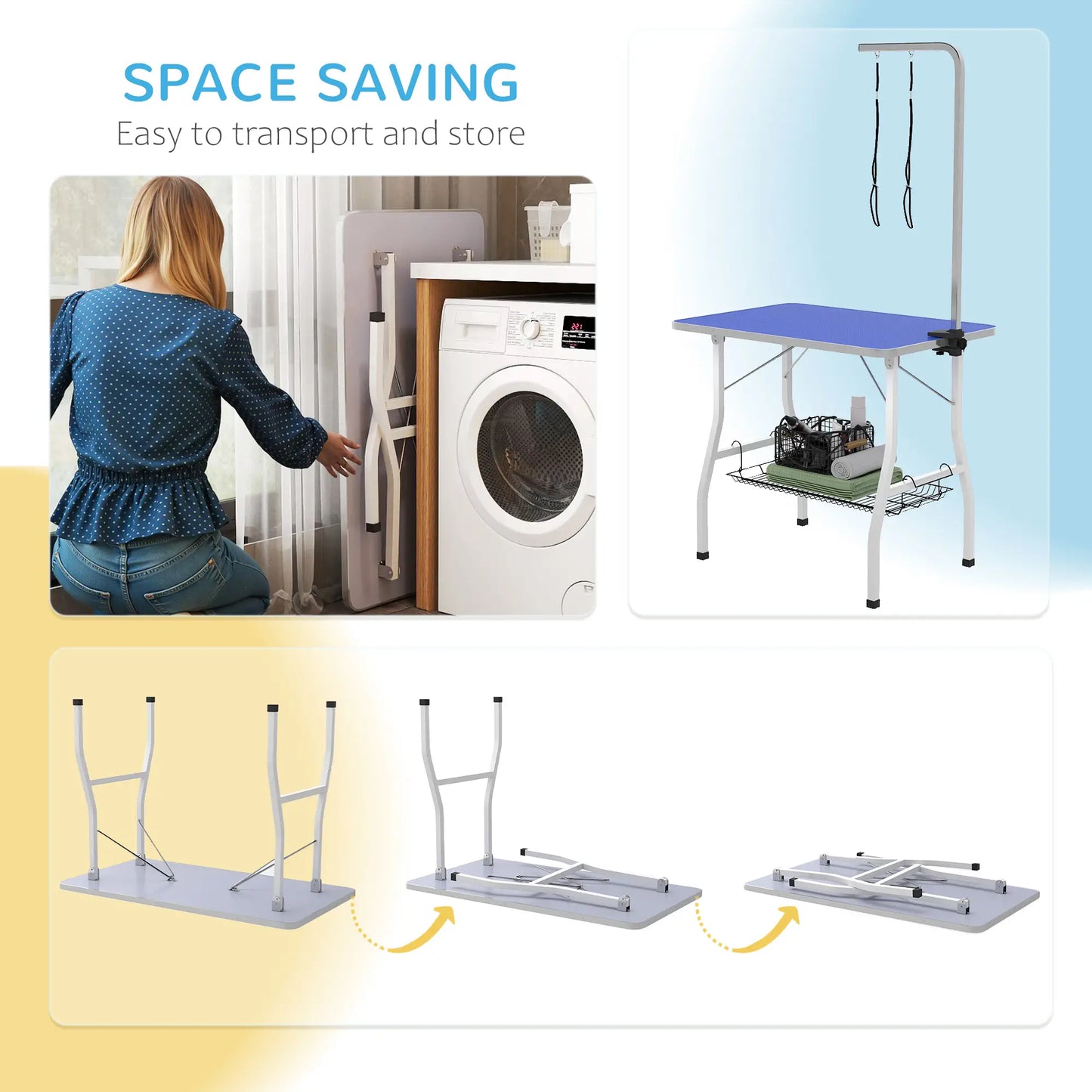Dog Grooming Table, Adjustable Arm, Mesh Tray, 35" x 24" x 61", Blue Dog Grooming Tables at Gallery Canada