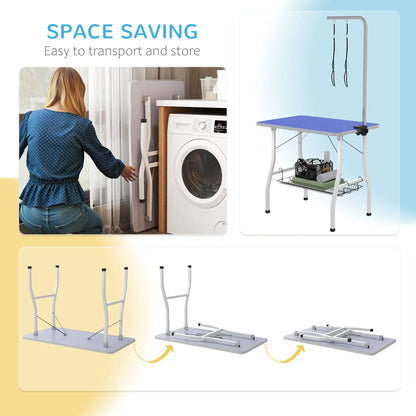 Dog Grooming Table, Adjustable Arm, Mesh Tray, 35" x 24" x 61", Blue Dog Grooming Tables at Gallery Canada