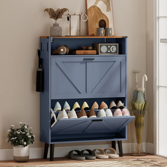 Shoe Storage Cabinet, 2 Flip Drawers, Farmhouse Narrow, Holds 16 Pairs, Blue Shoe Storage Cabinets & Racks Blue, Brown, Black at Gallery Canada
