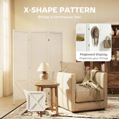 56.9" 3 Panel Wooden Room Divider With Pegboard Display, White Room Dividers at Gallery Canada