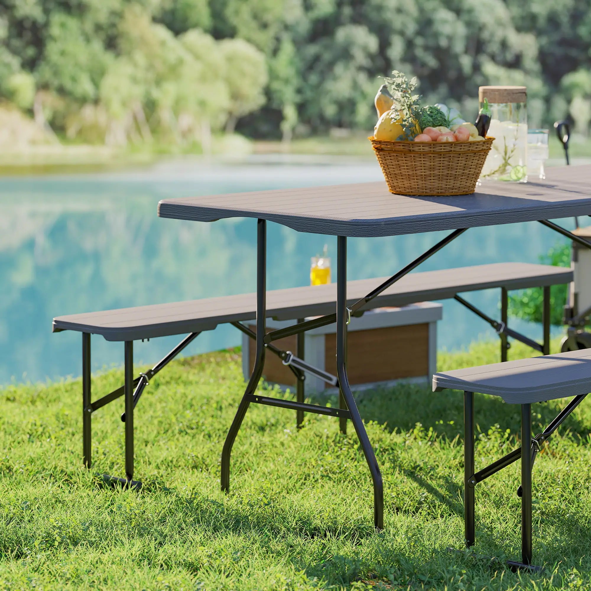 6FT 3PCS Faux Rattan Camping Table Bench Set, Brown Picnic Tables & Camping Chairs at Gallery Canada