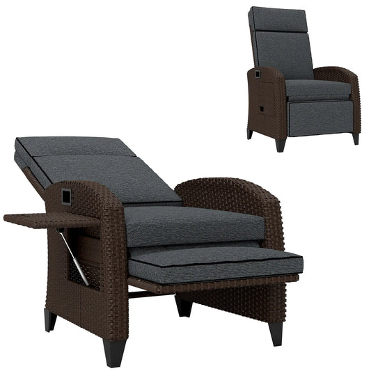 Outdoor Recliner Chair, Adjustable Backrest, Cushion, Side Tray, Dark Grey Wicker Chaise Loungers Dark Grey, Brown at Gallery Canada