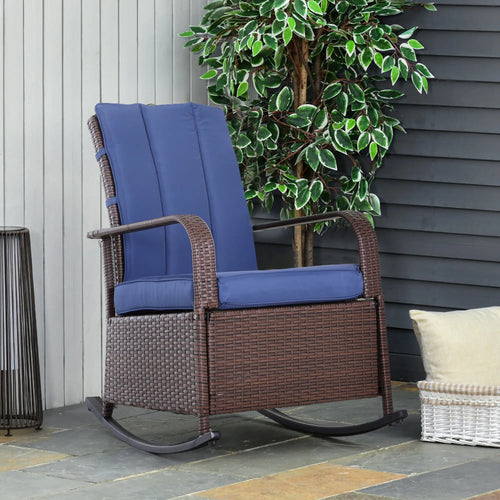 Outdoor Wicker Rocking Chair with Cushion, PE Rattan Recliner, Adjustable Footrest, Dark Blue