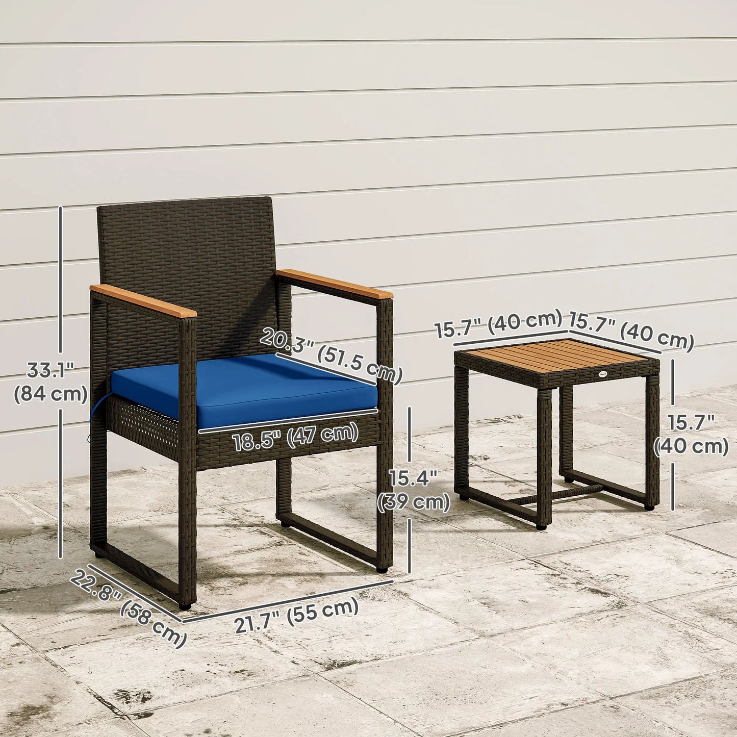 3-Piece Wicker Patio Set, Rattan Bistro, Acacia Table, Dark Blue Bistro Sets at Gallery Canada