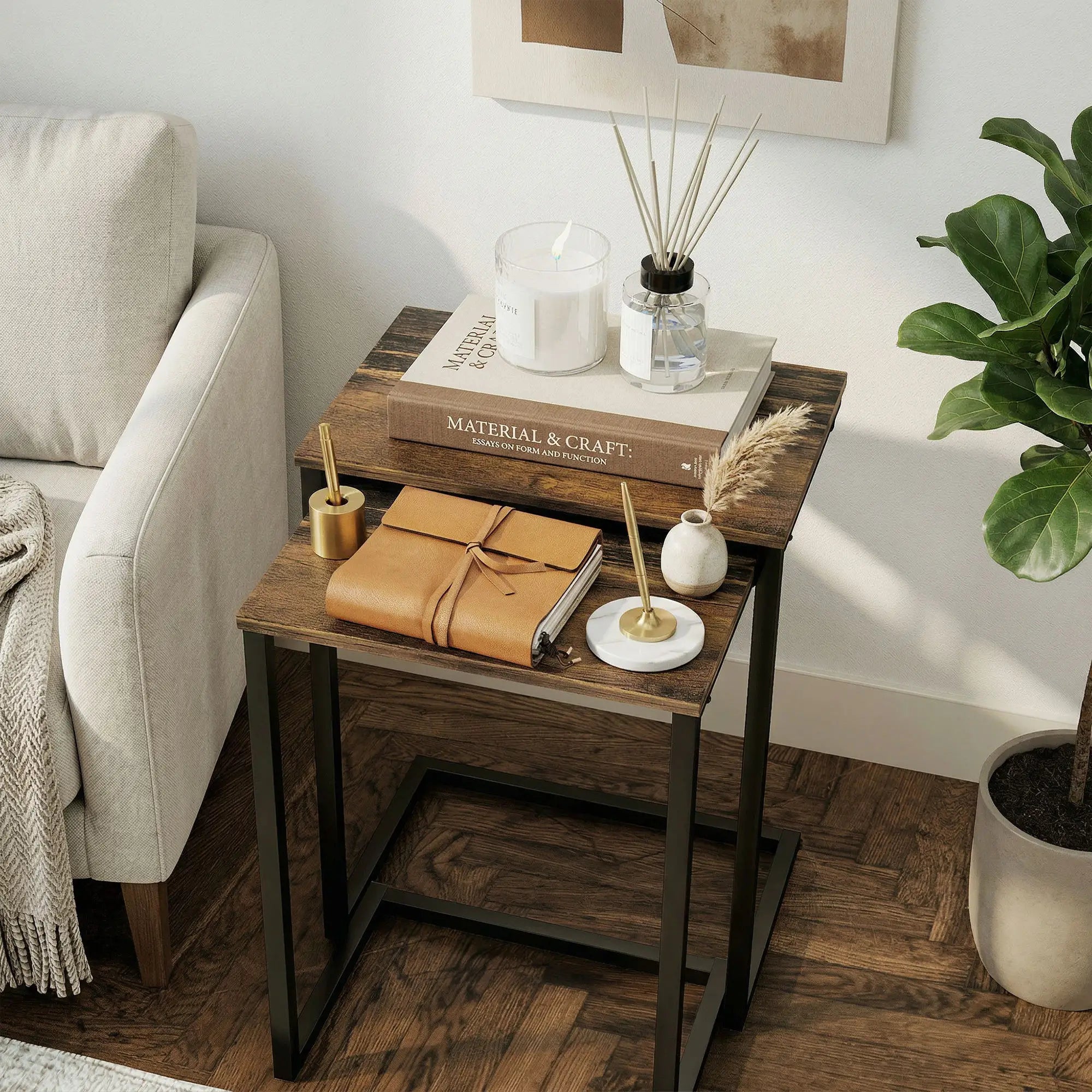 Nesting End Tables Set of 3, Industrial C-Shaped Side Table, Rustic Brown, Brown Side Tables at Gallery Canada