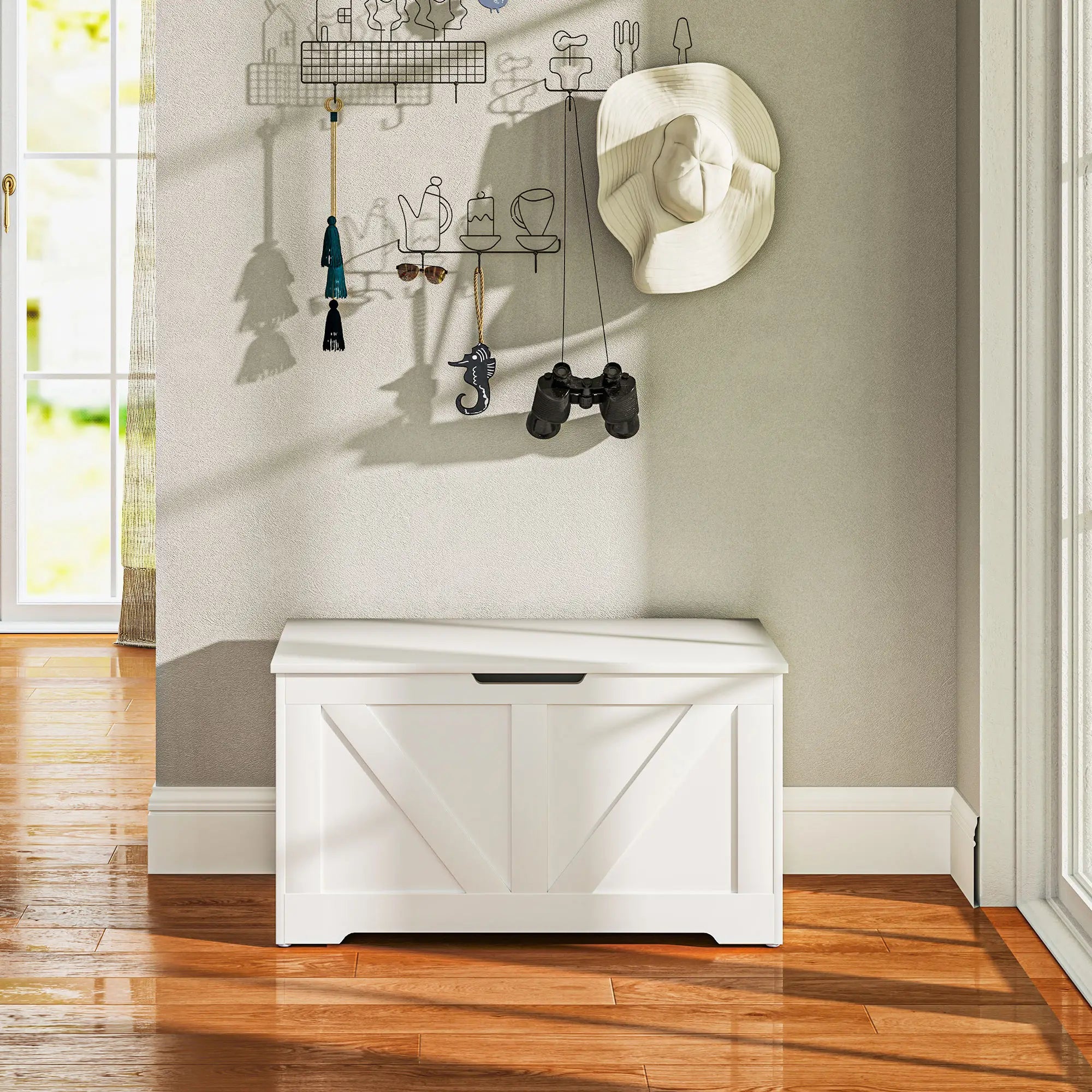 31.5 Inches Storage Chest, Storage Trunk with 2 Safety Hinges, Wooden Box for Living Room, White Wood Grain Storage Cabinets at Gallery Canada