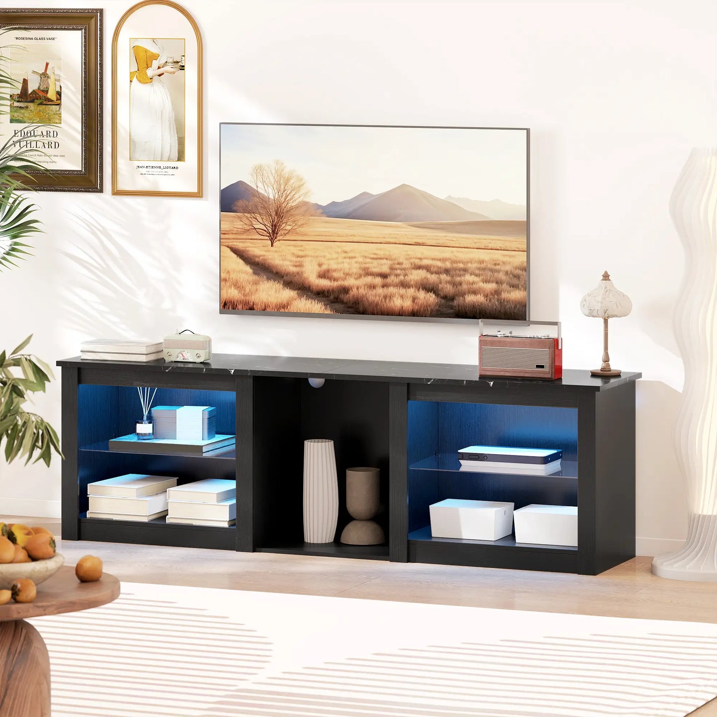 TV Stand With LED Lights, Adjustable Glass Shelves, For 65 Inch TVs, Black TV Stands at Gallery Canada