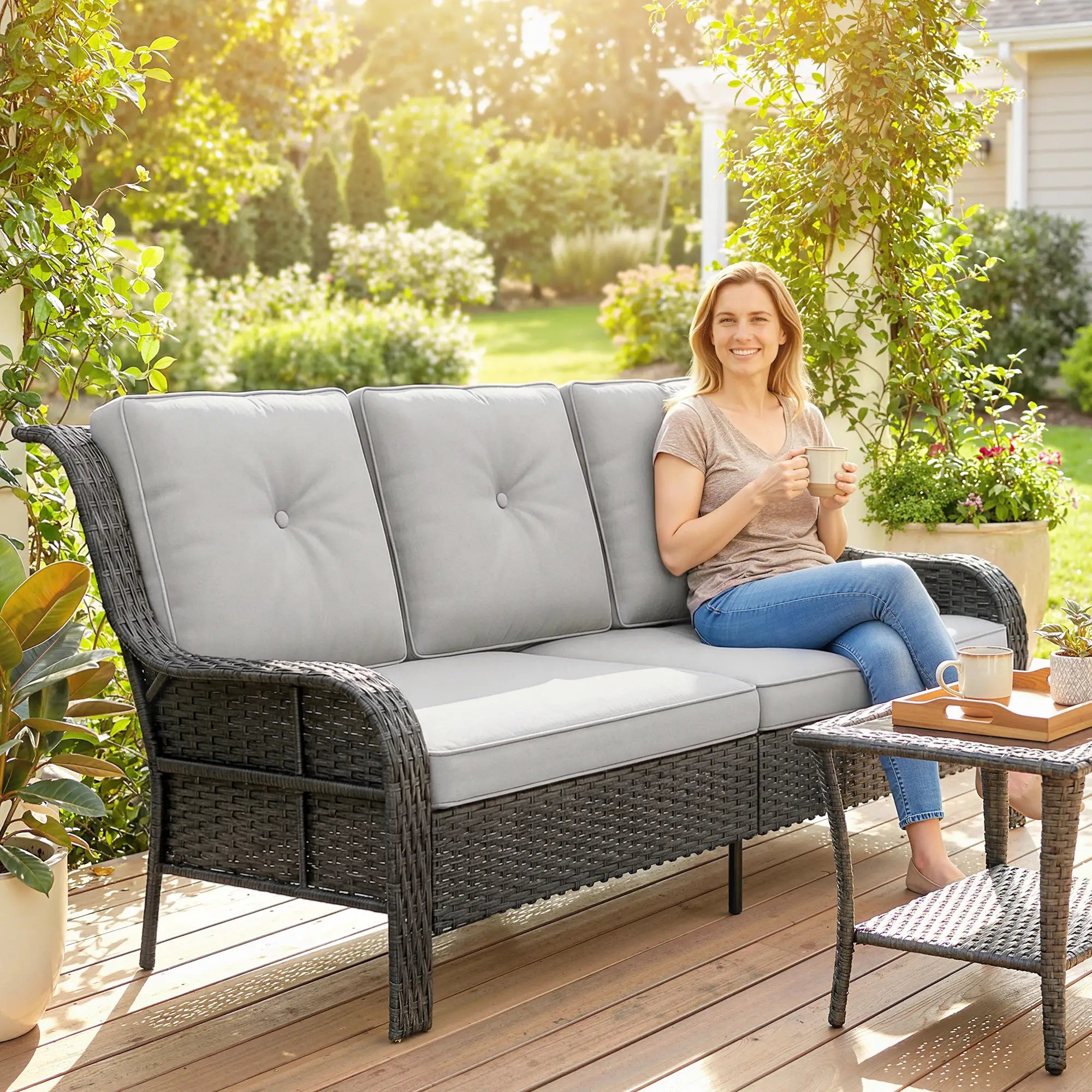 Wicker Patio Sofa With Cushions, 3 Seater Rattan Outdoor Couch, Light Grey Patio Furniture Sets at Gallery Canada