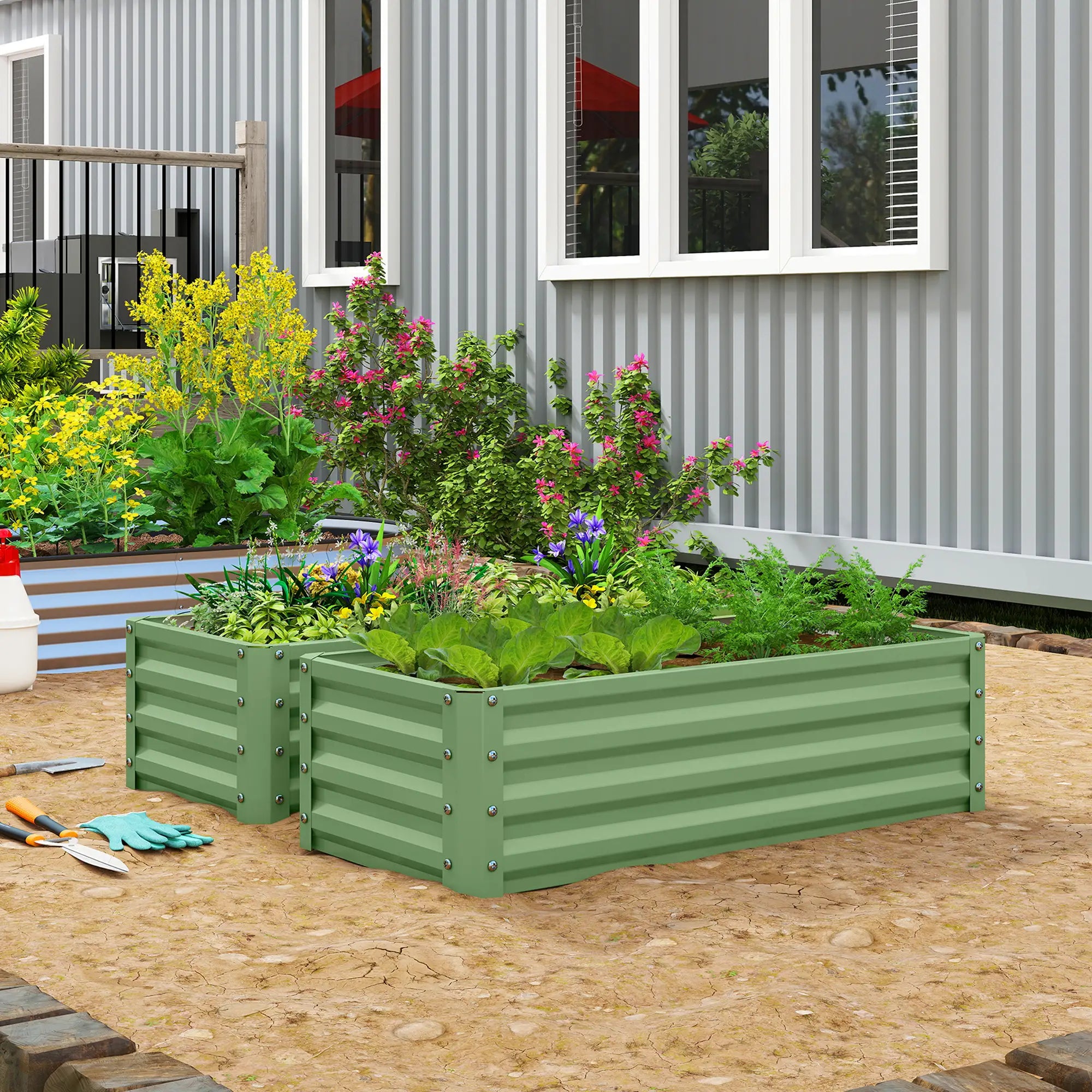 Galvanized Raised Garden Beds, Outdoor Planter Box Set, Light Green Galvanized Planter Boxes at Gallery Canada