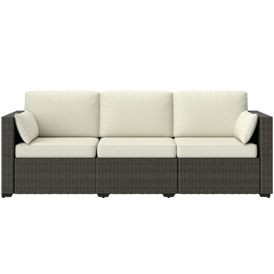 3-Seater Outdoor Sofa, PE Rattan Patio Couch, Cream White