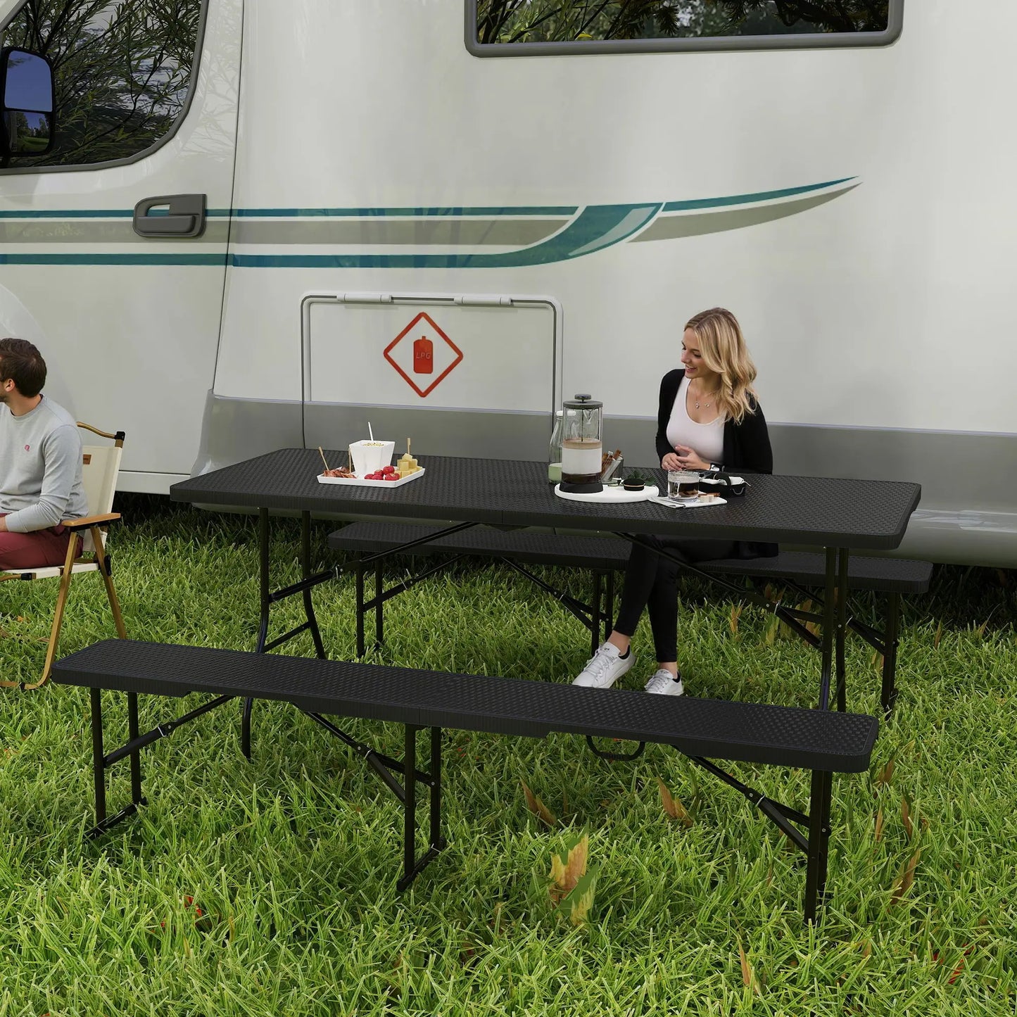 6FT 3PCS Faux Rattan Outdoor Table Bench Set, Folding Picnic Table with 2 Benches, Black Picnic Tables & Camping Chairs at Gallery Canada