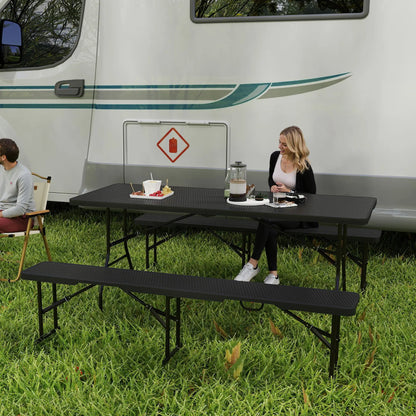 6FT 3PCS Faux Rattan Outdoor Table Bench Set, Folding Picnic Table with 2 Benches, Black Picnic Tables & Camping Chairs at Gallery Canada