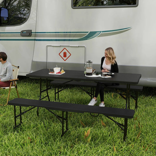 6FT 3PCS Faux Rattan Outdoor Table Bench Set, Folding Picnic Table with 2 Benches, Black Picnic Tables & Camping Chairs Black, Brown at Gallery Canada