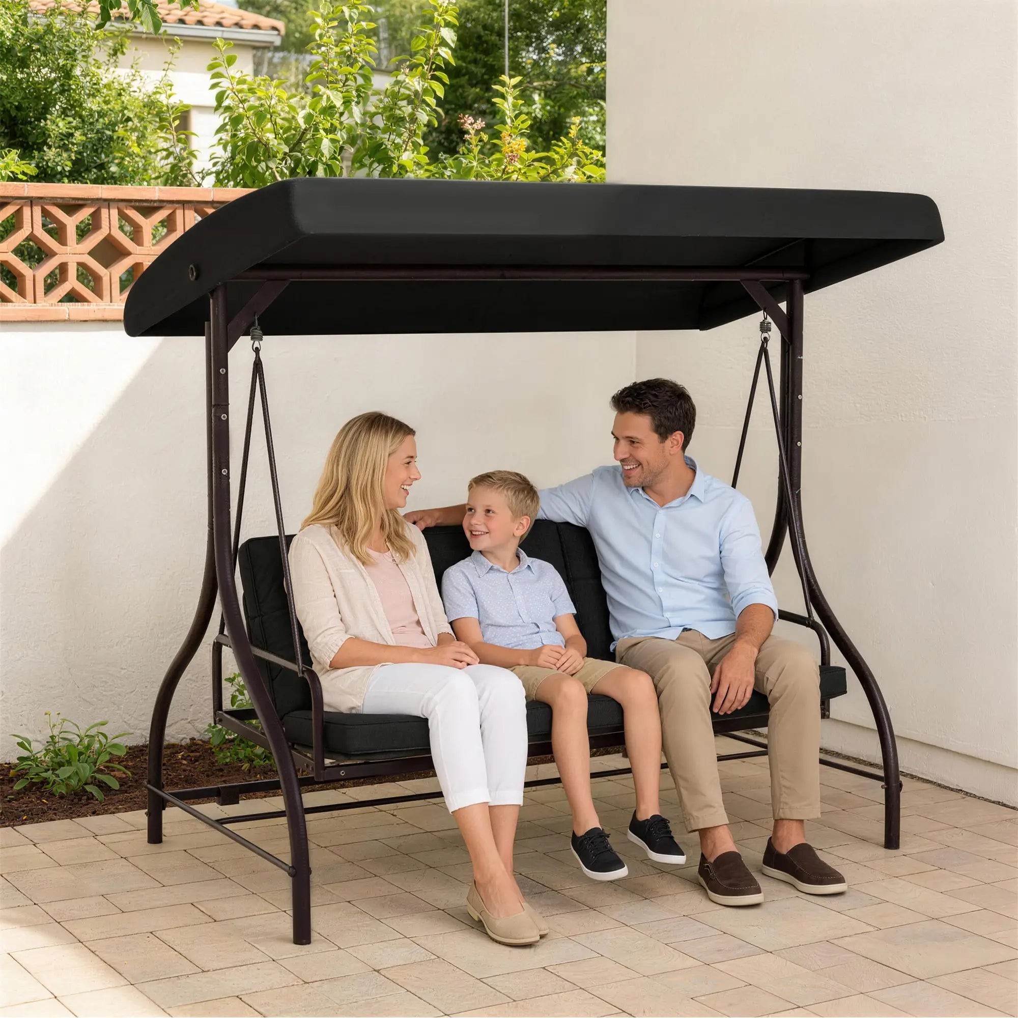 Convertible Patio Swing Bed With Canopy, Cushions, 3 Seater, Black Patio Swings with Stand at Gallery Canada