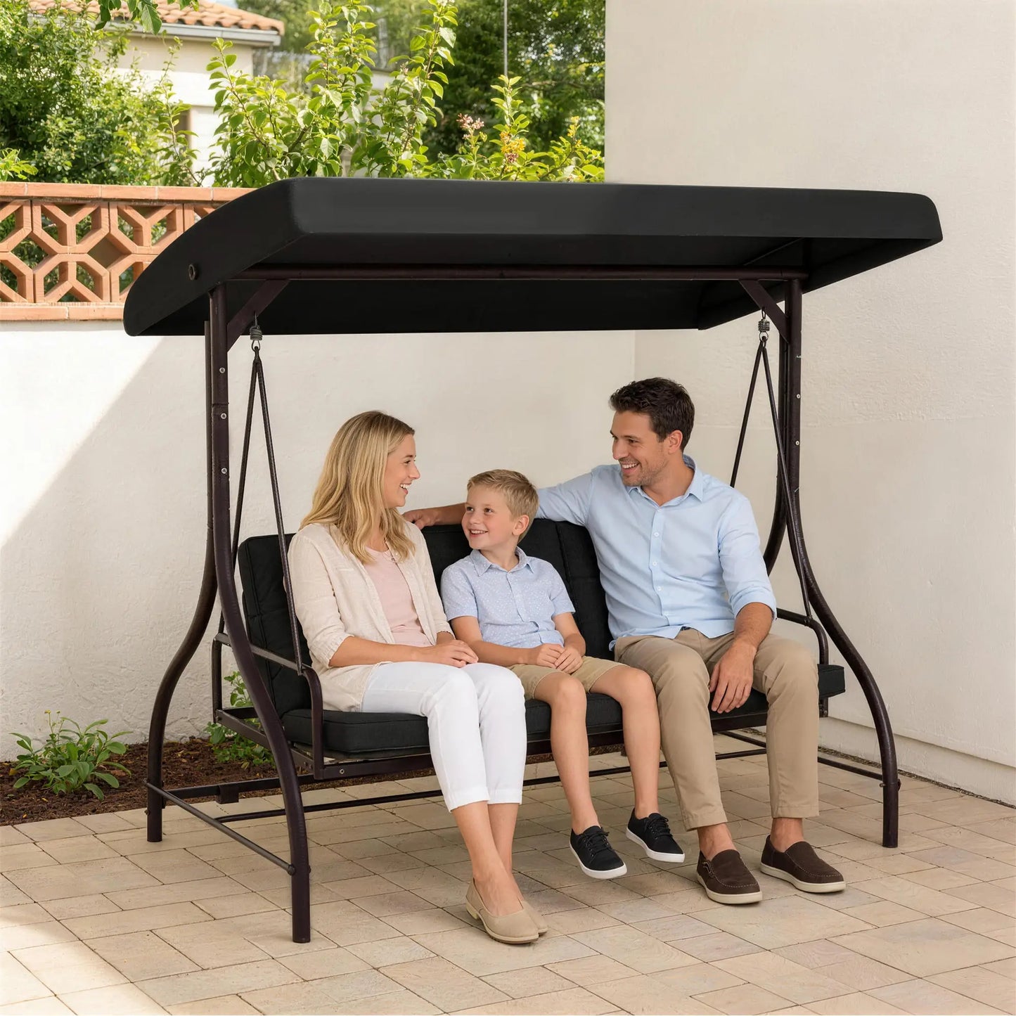 Convertible Patio Swing Bed With Canopy, Cushions, 3 Seater, Black Patio Swings with Stand at Gallery Canada