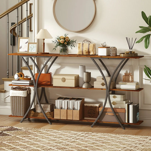 71 Inch Console Table, 3-Tier Industrial with 2 Shelves, Rustic Brown