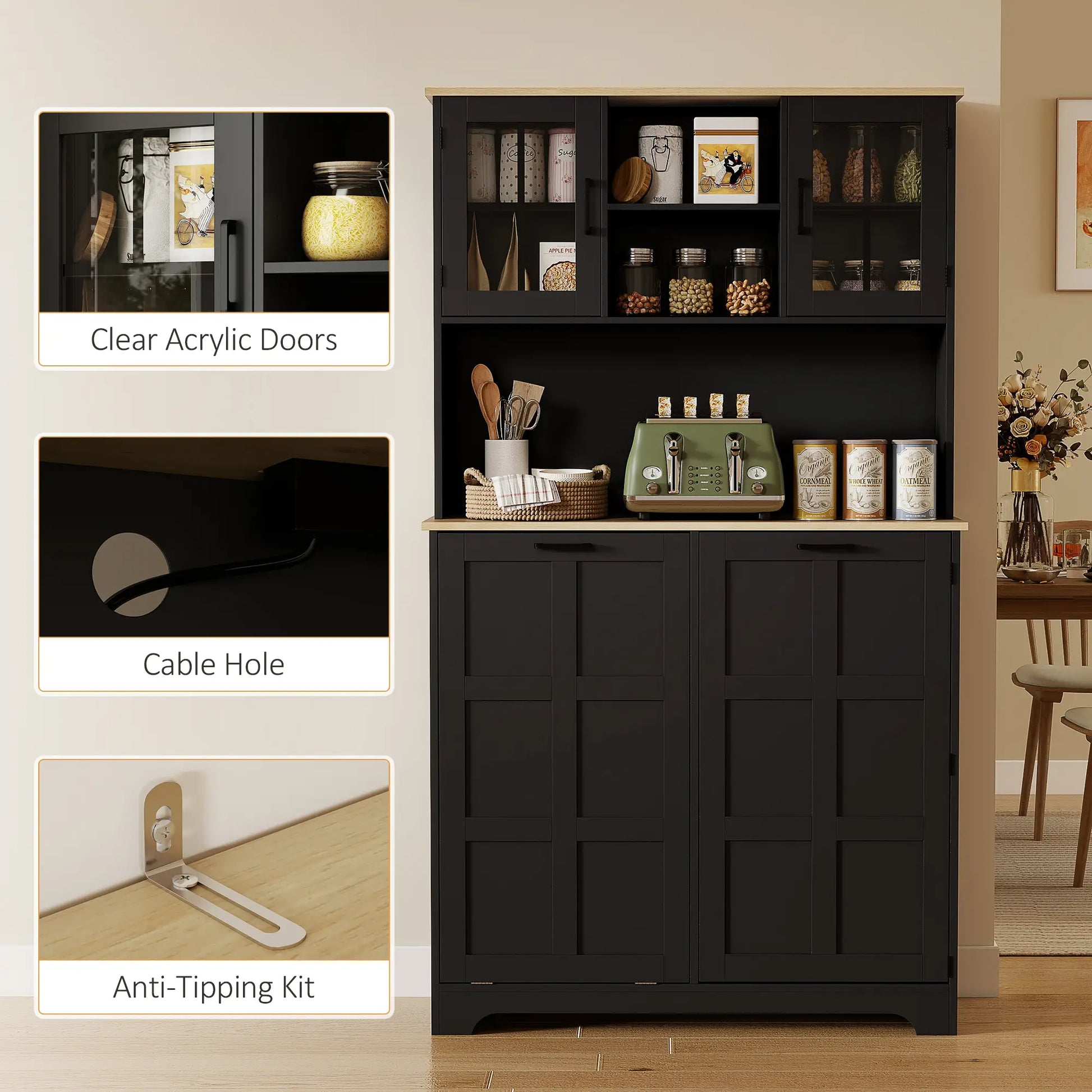 Kitchen Pantry Cabinet, 7 Gallon Trash Can, Adjustable Shelves, Acrylic Doors, Black Kitchen Pantry Cabinets at Gallery Canada