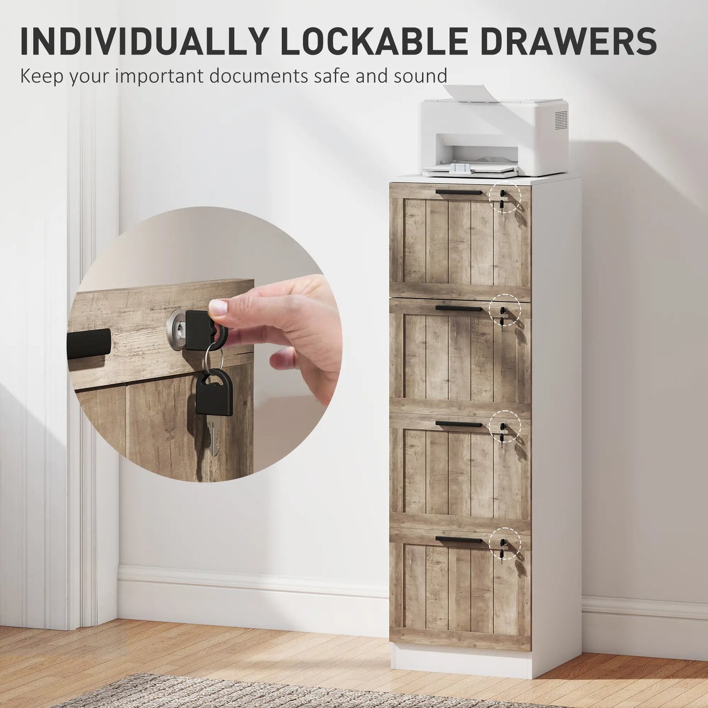 4 Drawer Filing Cabinet, Farmhouse Style, Adjustable Hanging Rails, White Office Cabinets & Cupboards at Gallery Canada