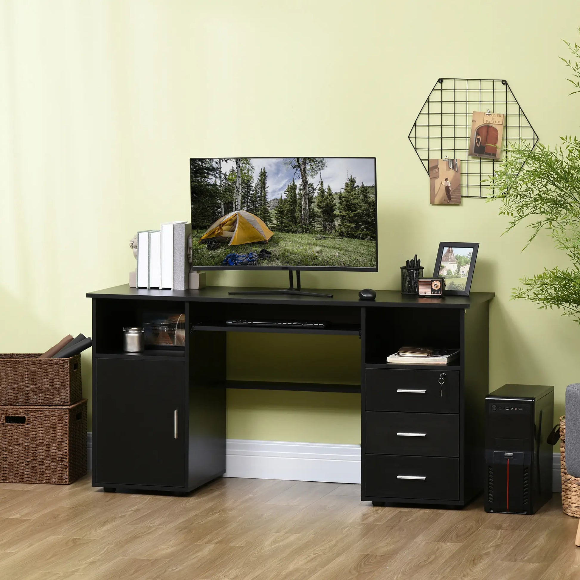 57 Computer Desk With Drawers, Keyboard Tray, Open Shelves, Black Computer Desks at Gallery Canada