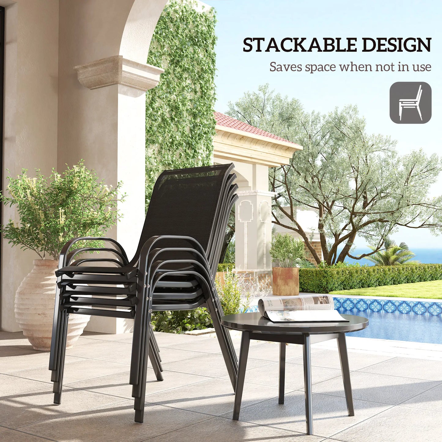 Set of 4 Stackable Outdoor Dining Chairs, High Back, Breathable Mesh Seat, Black Outdoor Dining Sets at Gallery Canada