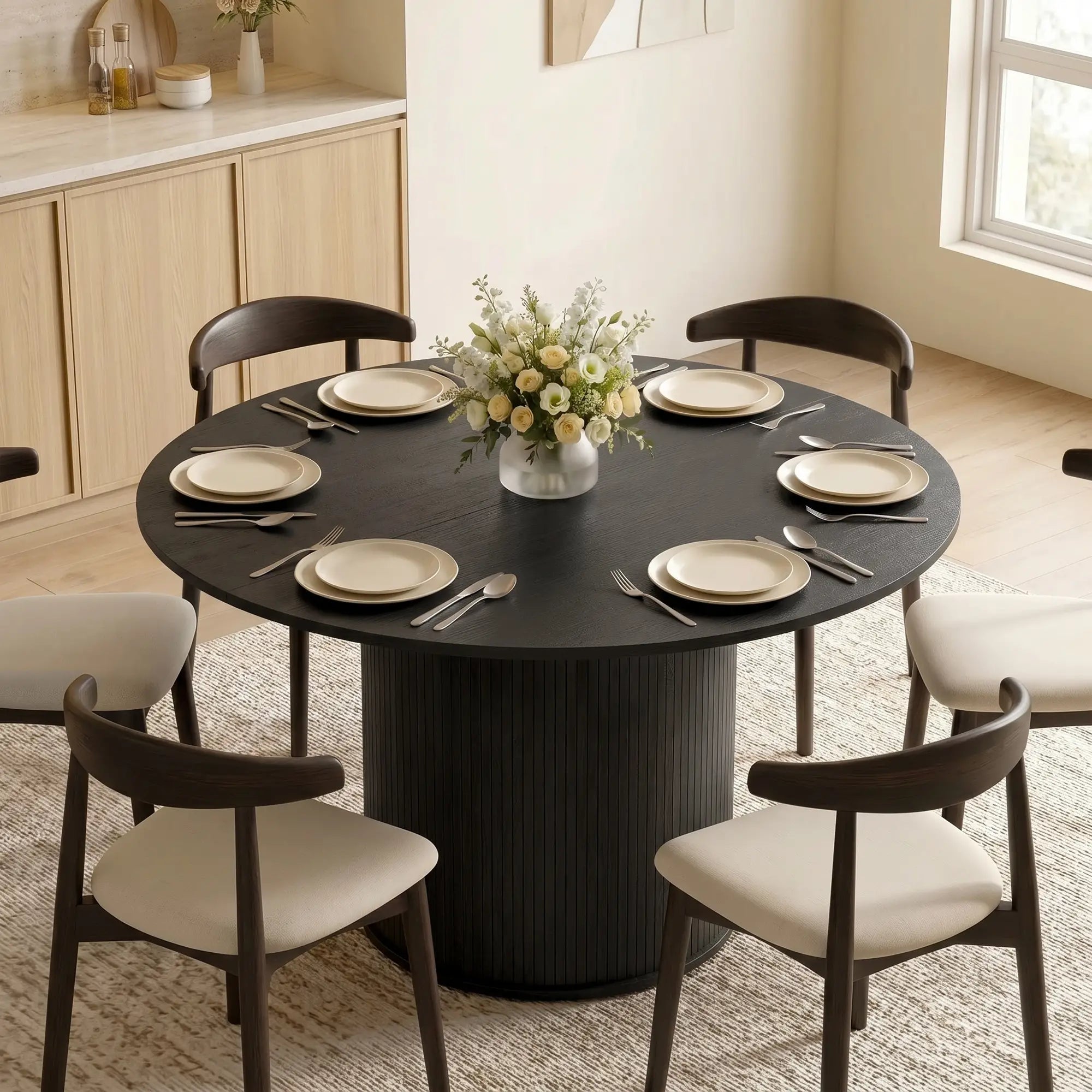 47 Inch Round Dining Table For 5, Fluted Pedestal Base, Black Dining Tables at Gallery Canada