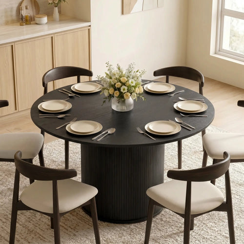 47 Inch Round Dining Table For 5, Fluted Pedestal Base, Black