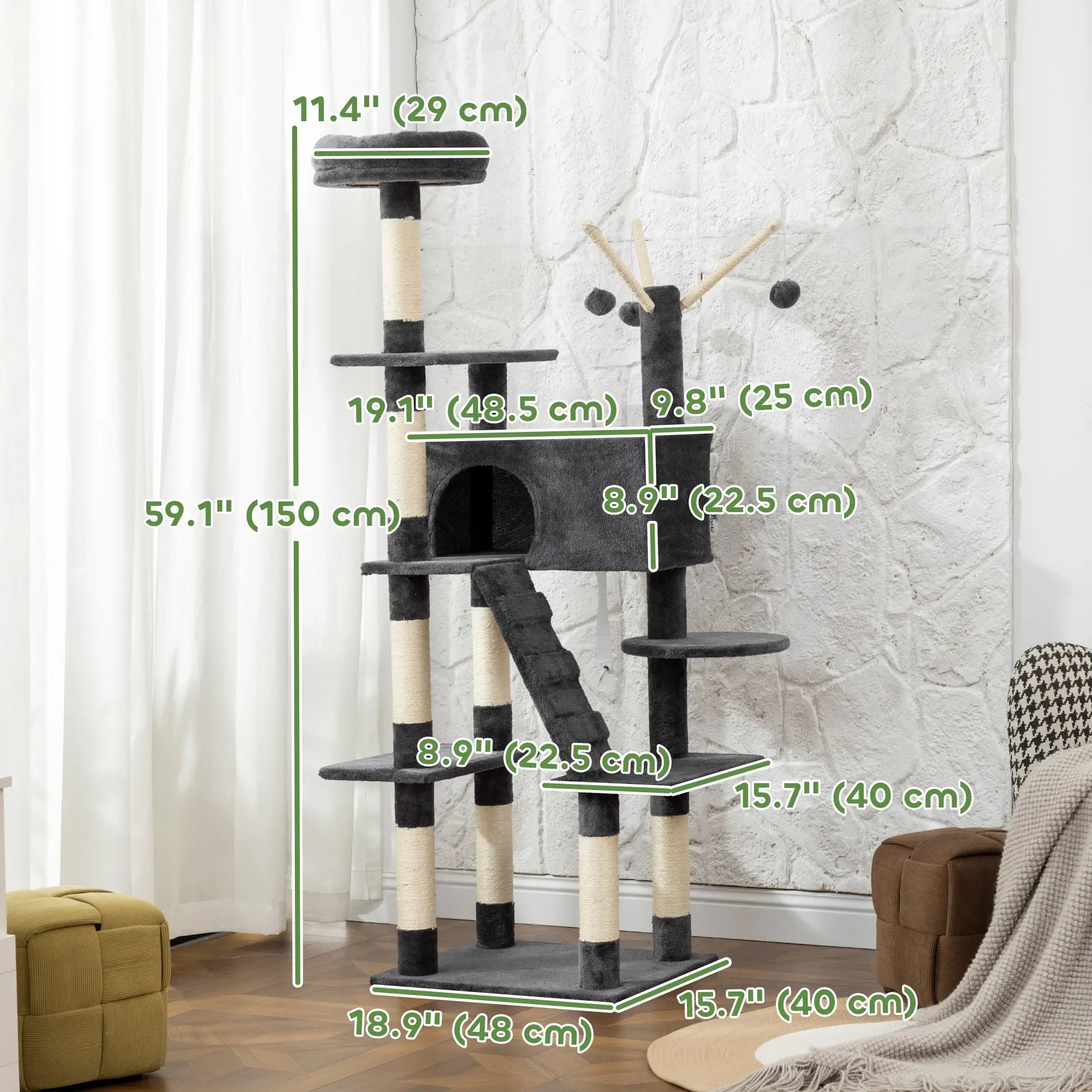 59 Inch Large Cat Tree with Sisal Posts, Condo, Perch, Ladder, Balls, Dark Grey Cat Trees at Gallery Canada