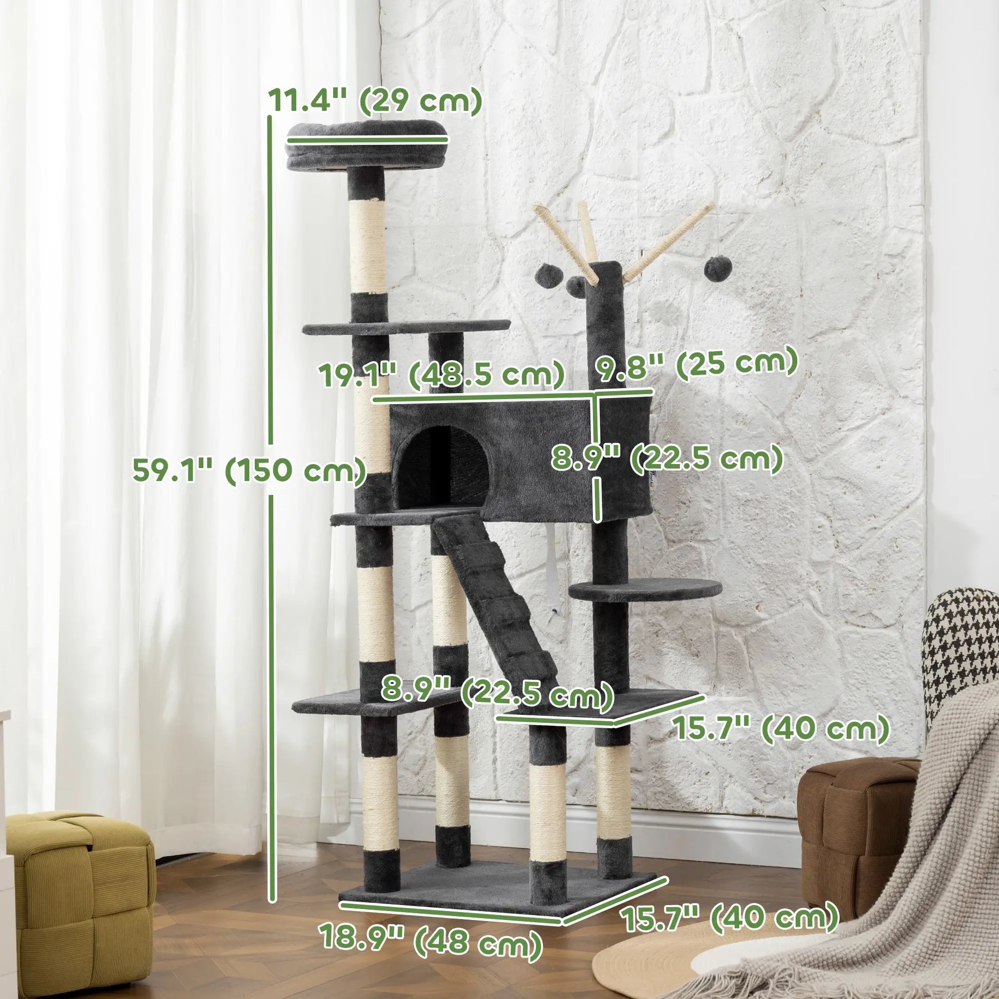 59 Inch Large Cat Tree with Sisal Posts, Condo, Perch, Ladder, Balls, Dark Grey Cat Trees at Gallery Canada