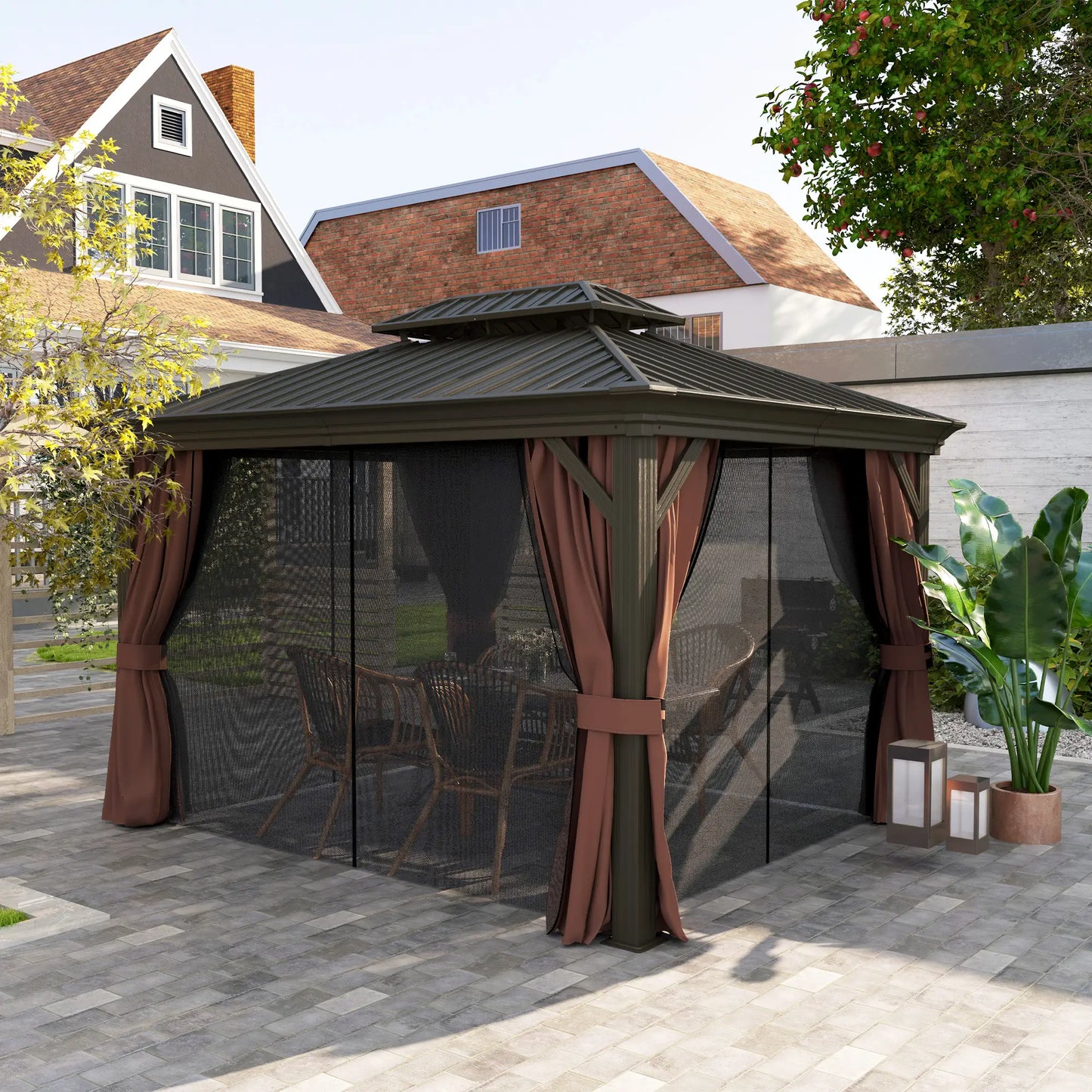 10' x 12' Outdoor Hardtop Gazebo, Galvanized Canopy, Netting Sidewalls, Dark Brown Gazebos at Gallery Canada