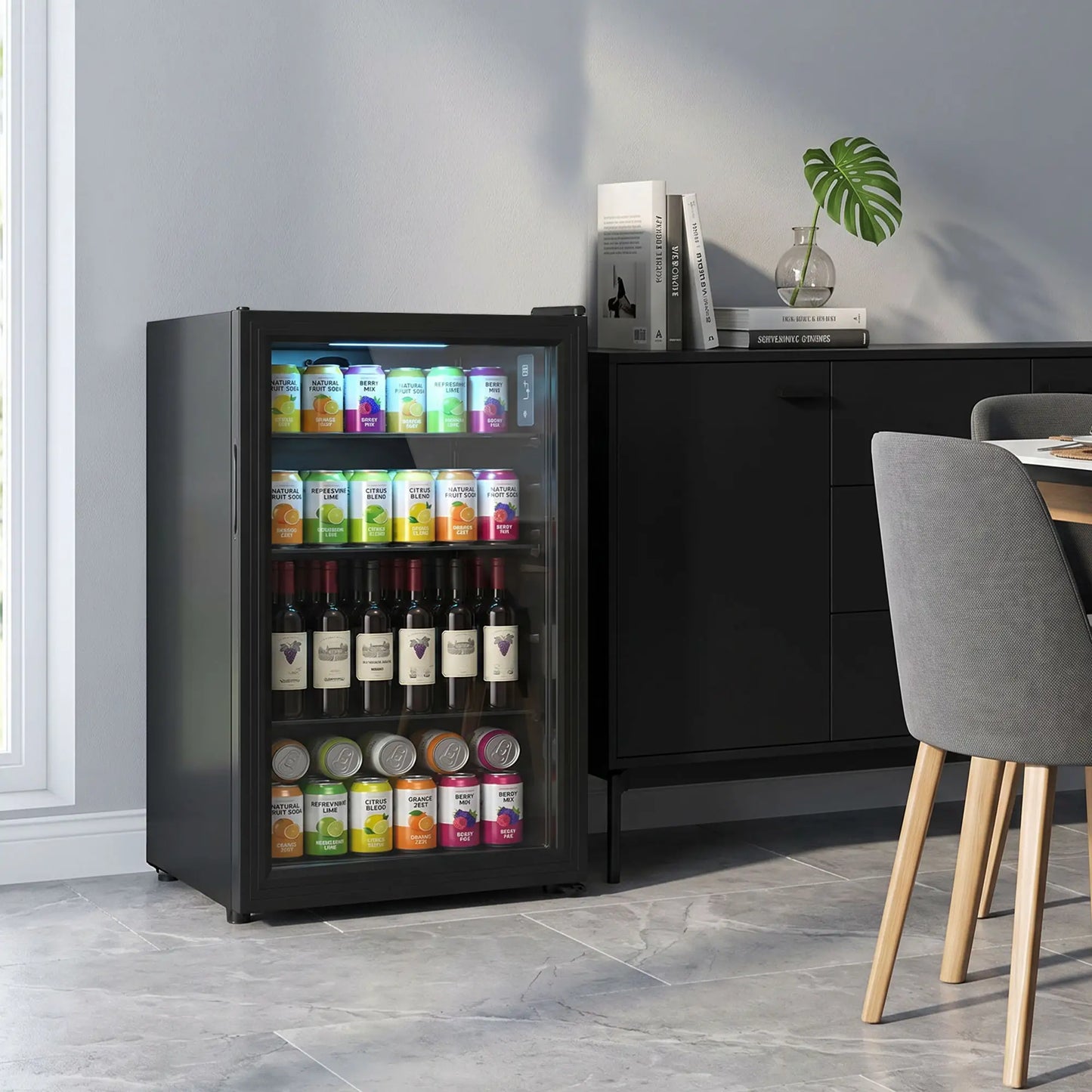 3.2 Cu.Ft Beverage Fridge, 128 Can, Glass Door, Black
