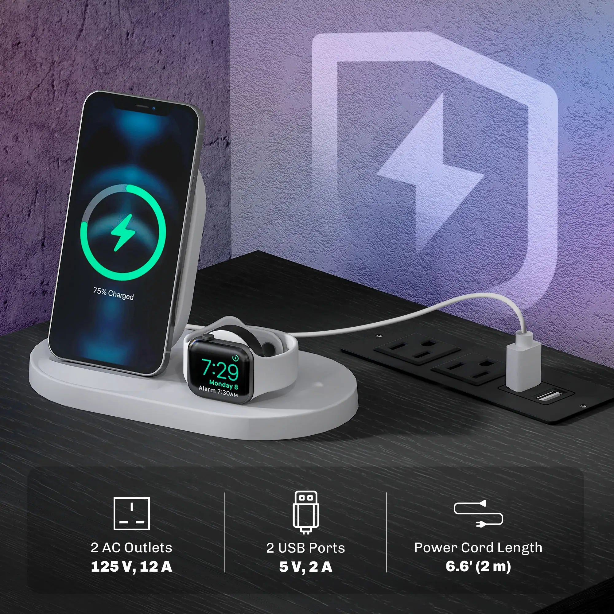 Modern Bedside Table with Charging Station, LED Light, USB Ports, Black Bedside Tables at Gallery Canada