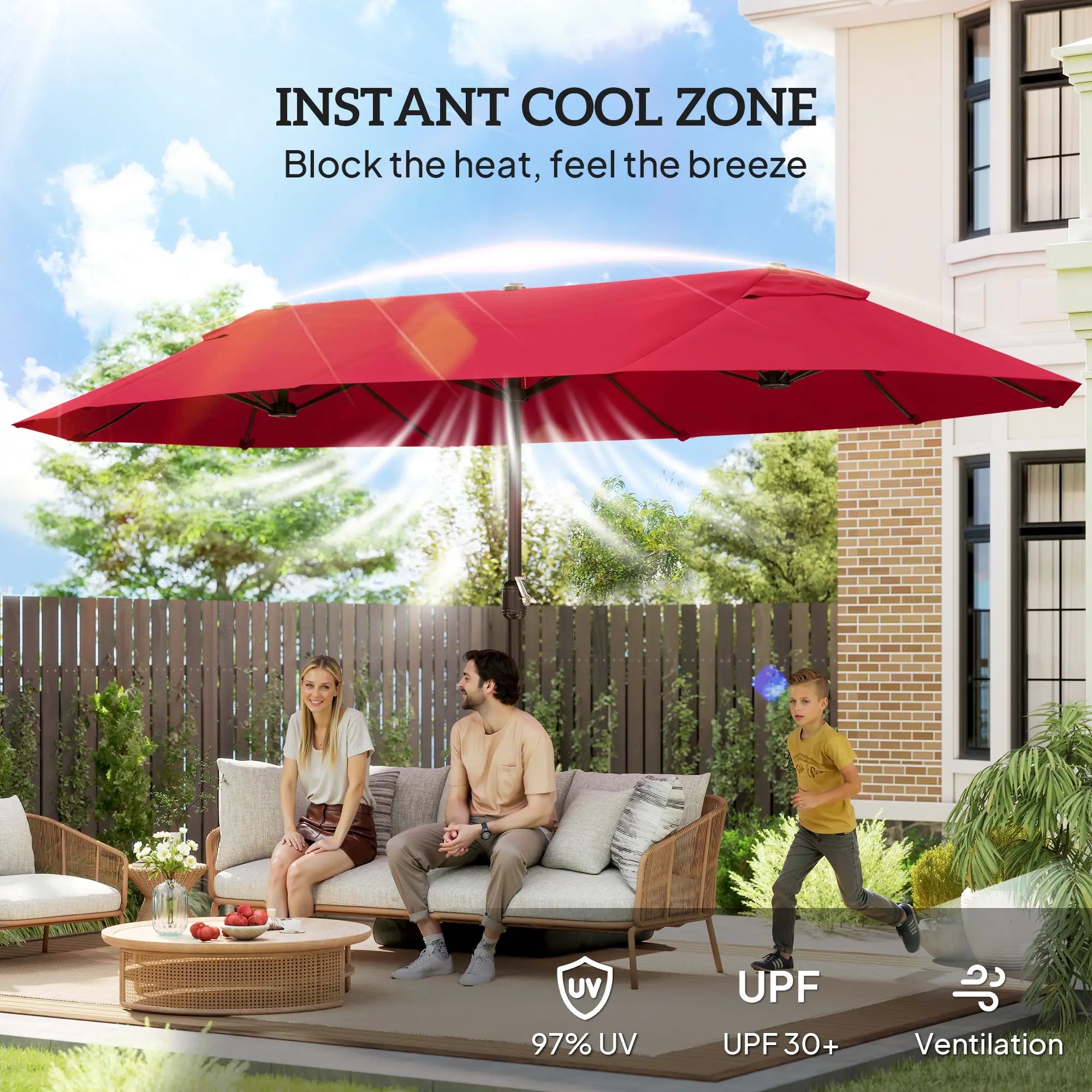 15' Outdoor Patio Umbrella, Twin Canopy Sunshade, Lift Crank, Wine Red Sun Umbrellas at Gallery Canada