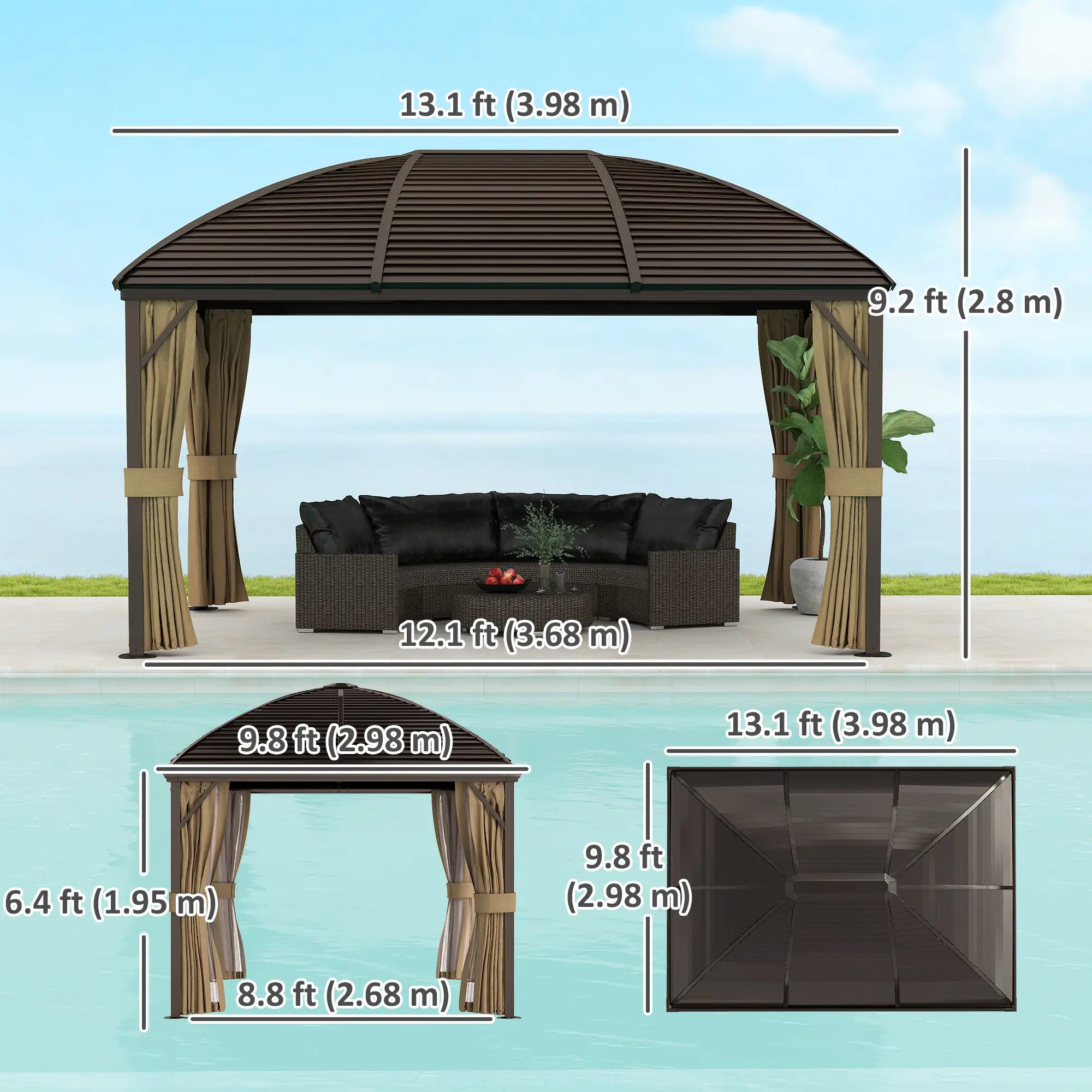 10' x 13' Hardtop Gazebo, Aluminum Canopy, Mesh Nettings, Curtains, Brown Gazebos at Gallery Canada