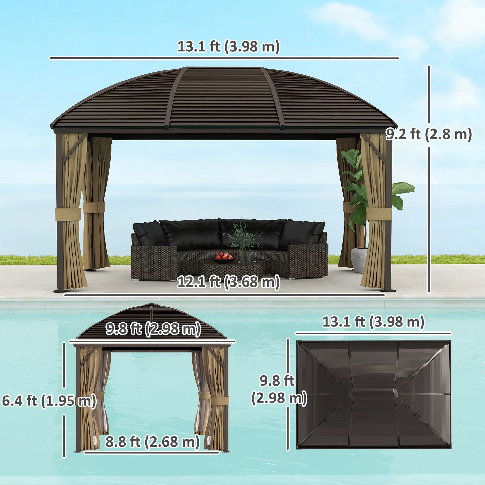 10' x 13' Hardtop Gazebo, Aluminum Canopy, Mesh Nettings, Curtains, Brown Gazebos at Gallery Canada