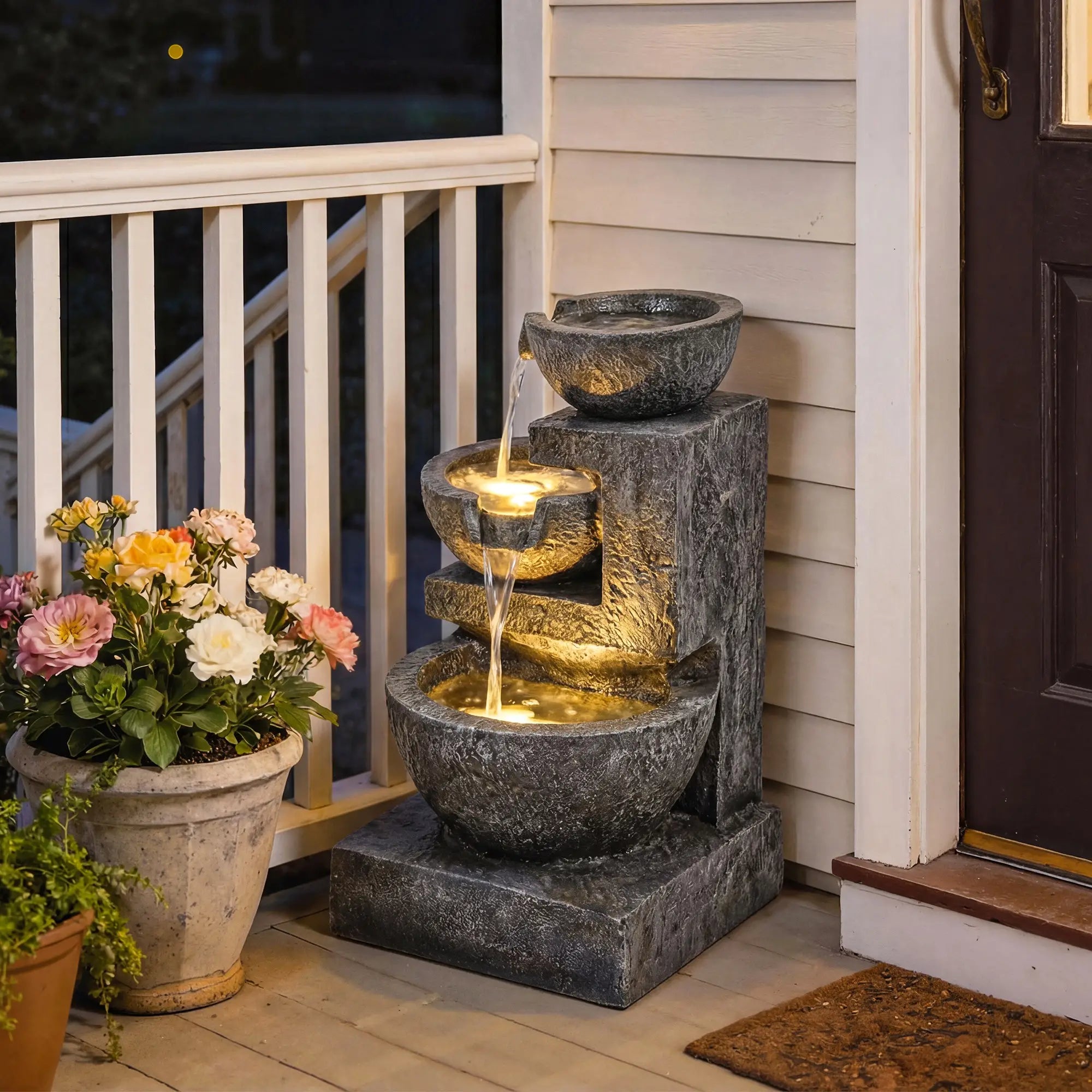 3-Tier Outdoor Water Fountain, Garden Waterfall With LED Lights, Pump Water Fountains at Gallery Canada