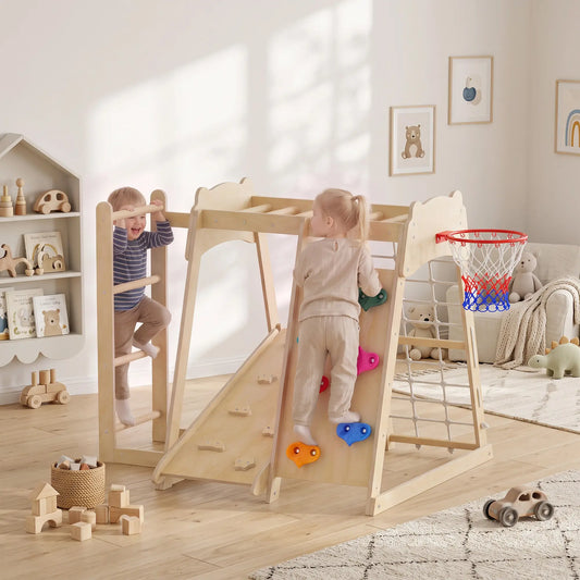 7-in-1 Kids Montessori Jungle Gym, Slide, Hoop, Bars, Wall, Net, Ladder Gym Sets & Swings Natural Wood at Gallery Canada