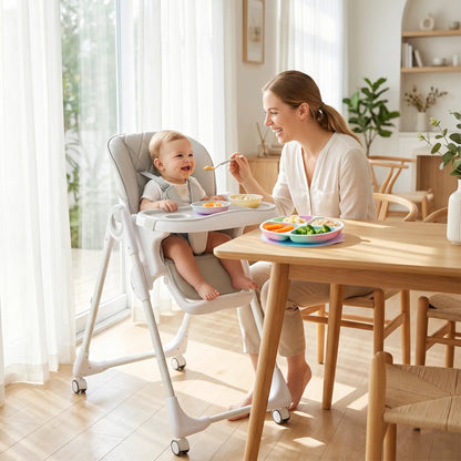High Chair with Wheels, Double Tray, Foldable Baby Seat with Adjustable Seat Height, Backrest, Footrest and Tray, Grey Kids Chairs & Seating at Gallery Canada