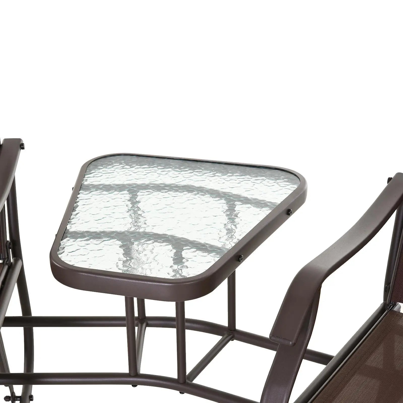 Double Glider Chair, Glass Top Table, High Back, Sling Fabric, Brown Outdoor Gliders at Gallery Canada