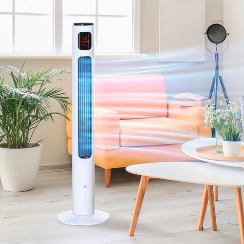 Freestanding Tower Fan, Oscillating, 3 Speed, 12h Timer, LED Panel, Remote, White
