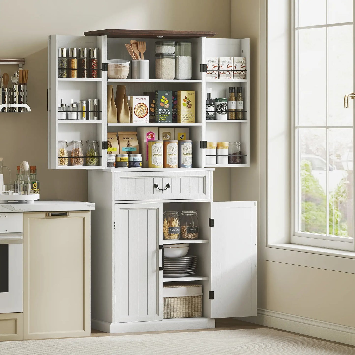 71" LED Kitchen Pantry Cabinet, Farmhouse Storage, Distressed White, White Kitchen Pantry Cabinets at Gallery Canada