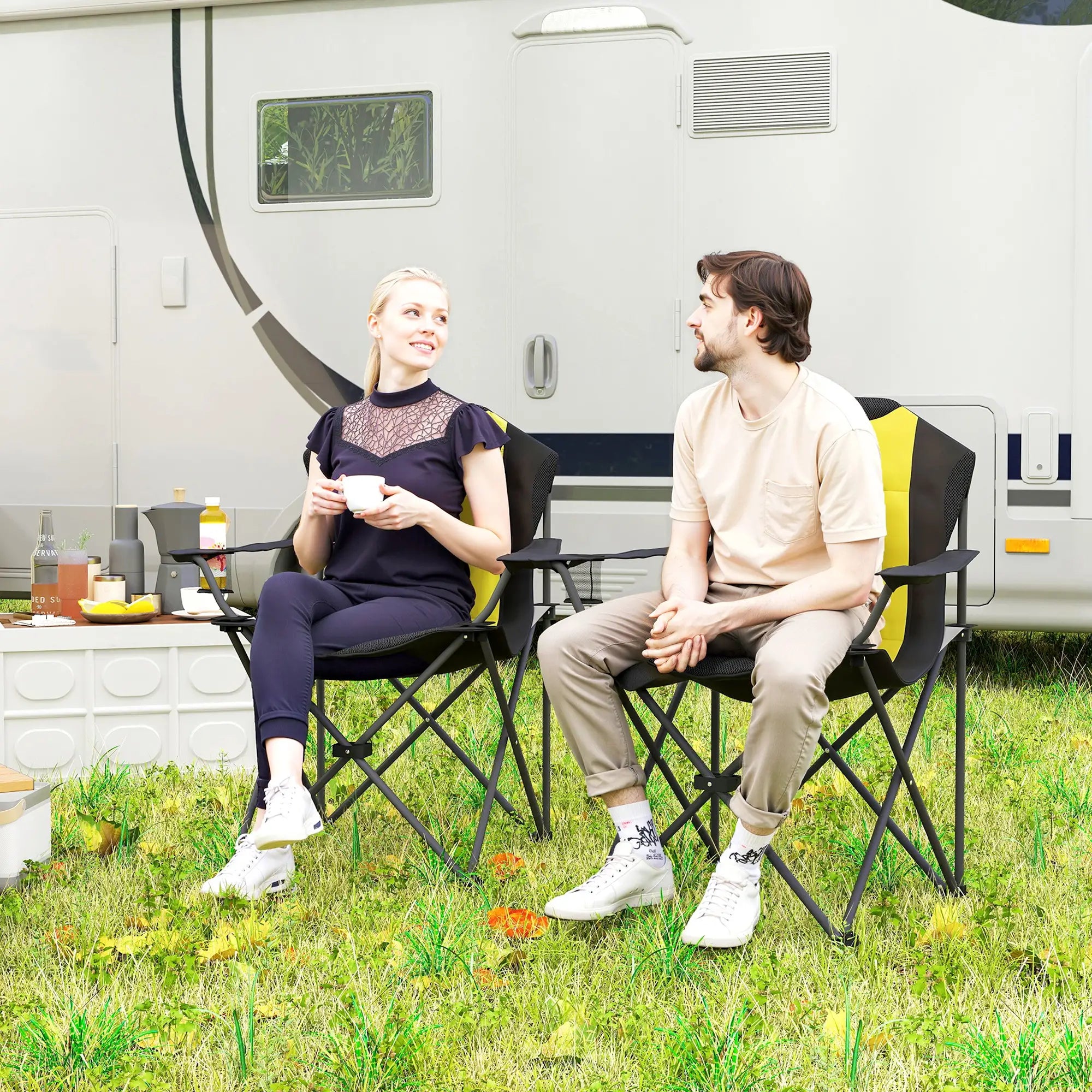 2 Pack Folding Camping Chairs, High Back w/ Cup Holder, Padded, Yellow Picnic Tables & Camping Chairs at Gallery Canada